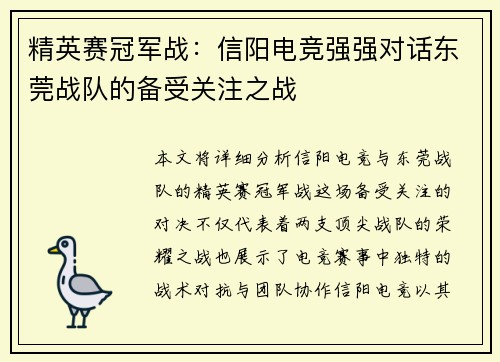 精英赛冠军战：信阳电竞强强对话东莞战队的备受关注之战